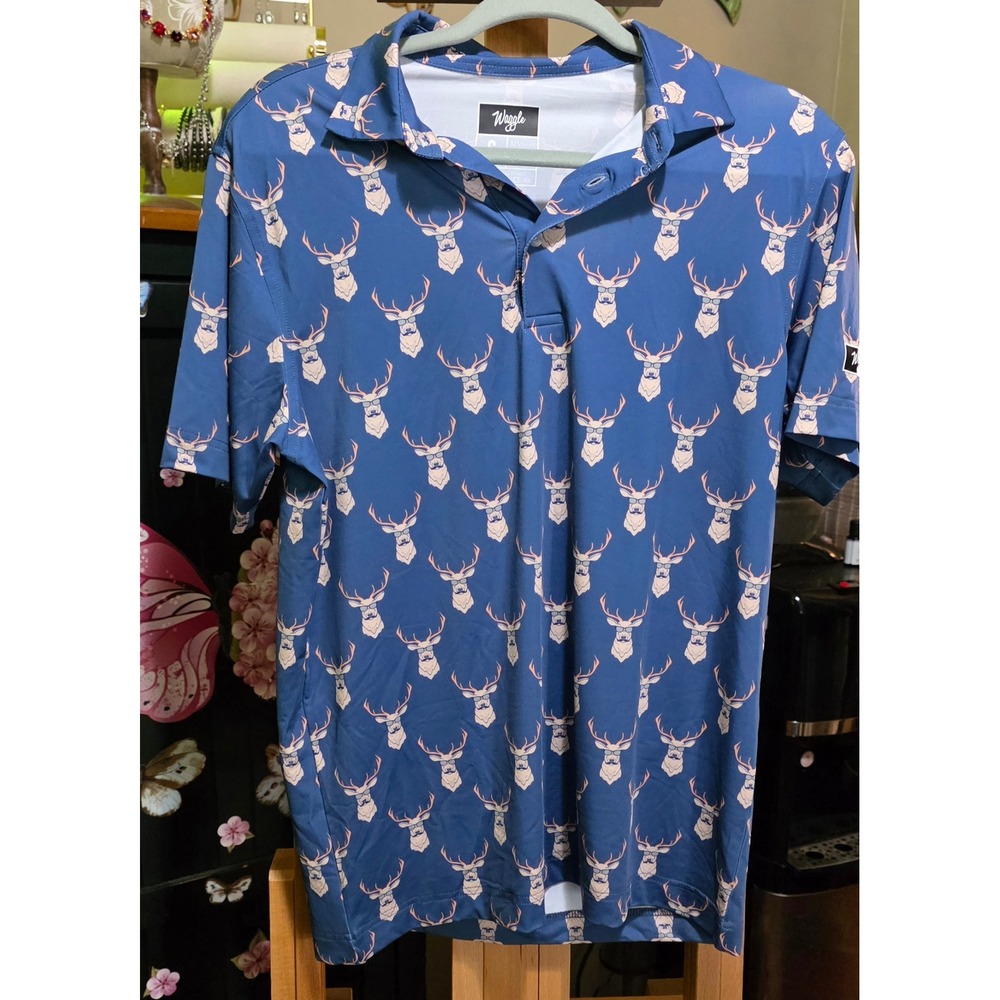 Waggle Golf Blue Deer Sunglasses Mustache Print Performance Polo Shirt Mens S